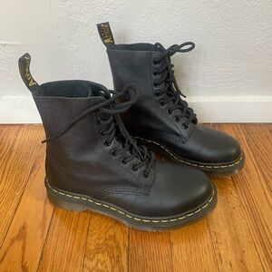Dr. Martens Black Leather Lace-Up Combat Boots with Yellow Welt Stitching